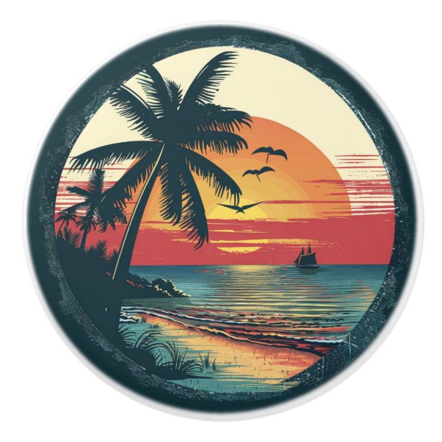 Tropical Beach Sunset Palm Trees Cabinet Drawer  Ceramic Knob (Front)