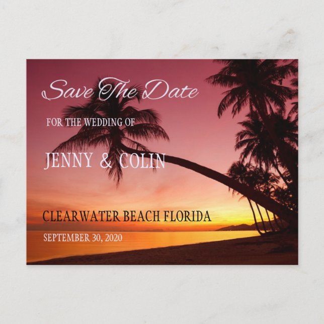 Tropical Beach Sunset Palm Trees Save The Date Announcement Postcard (Front)