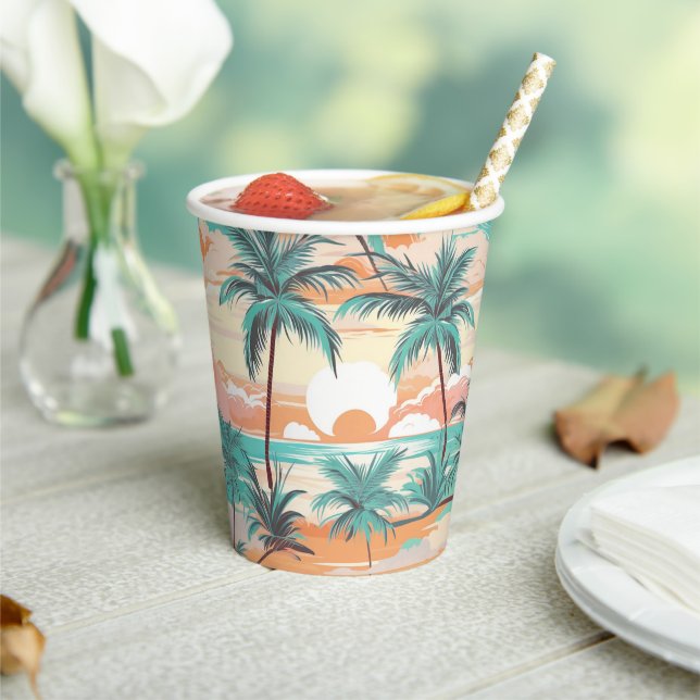 Tropical Beach Sunset Paper Cups (Insitu)