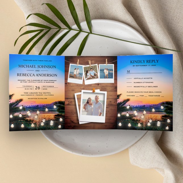 Tropical Beach Sunset String Lights Photo Wedding Tri-Fold Invitation (Creator Uploaded)