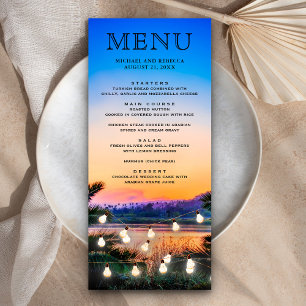 Tropical Beach Sunset String Lights Wedding Menu