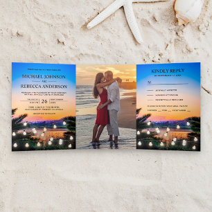 Tropical Beach Sunset String Lights Wedding Photo Tri-Fold Invitation