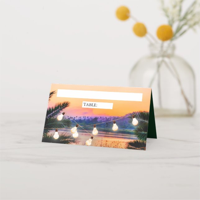 Tropical Beach Sunset String Lights Wedding Place Card (Front)