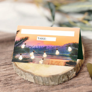 Tropical Beach Sunset String Lights Wedding Place Card