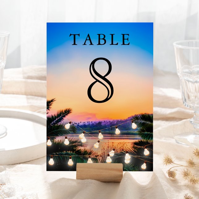 Tropical Beach Sunset String Lights Wedding Table Number (Creator Uploaded)