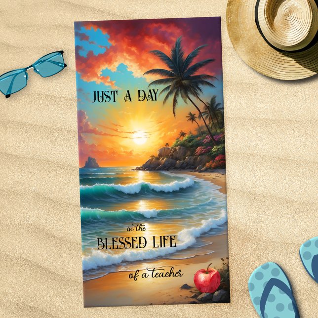 Tropical Beach Sunset Teacher Towel (Teacher beach towel featuring a painting of a sunset on a tropical beach with an (optional) apple)
