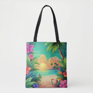 Tropical Beach Sunset with Hibiscus Flowers  Tote Bag