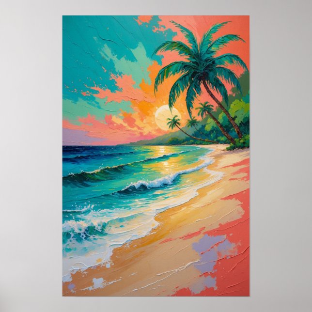 Tropical Beach Sunset with Palm Trees Ocean Art Poster (Front)