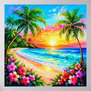 Tropical Beach Sunset with Palm Trees Poster