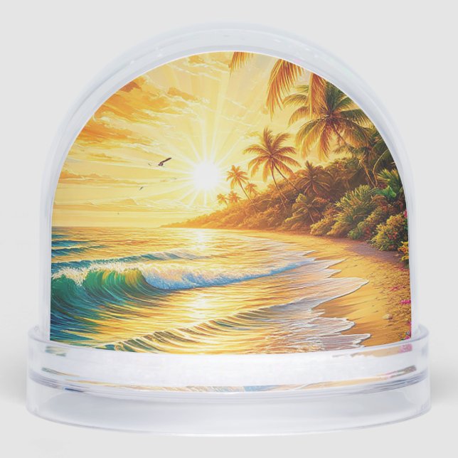 Tropical Beach Sunset With Palm Trees Snowglobe (Front)