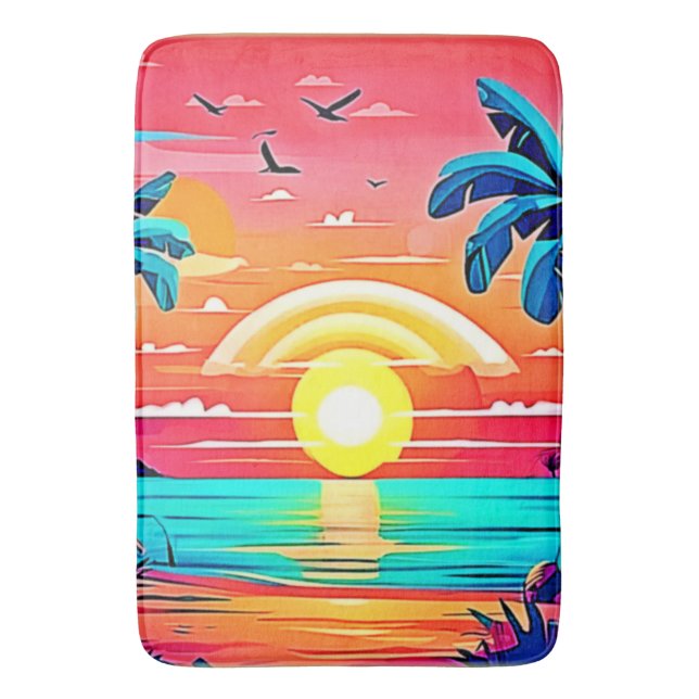 Tropical Beach Sunset with Rainbow Bath Mat (Front Vertical)