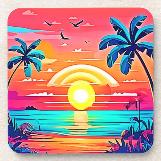 Tropical Beach Sunset with Rainbow Coaster (Front)
