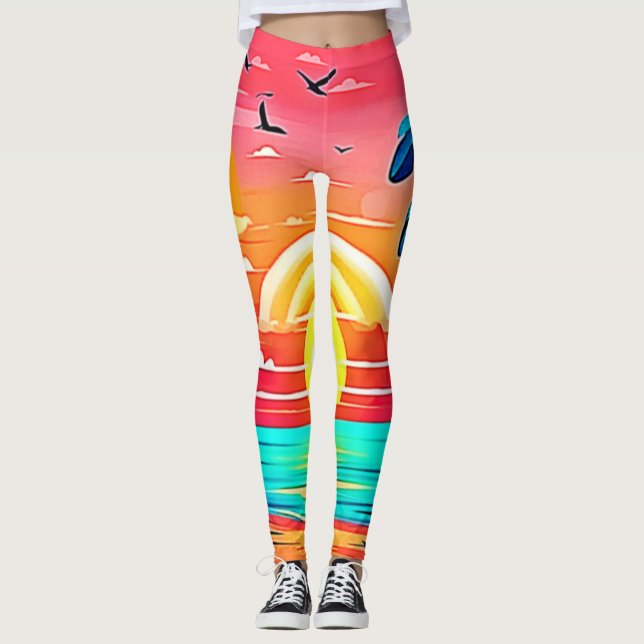 Tropical Beach Sunset with Rainbow Leggings (Front)