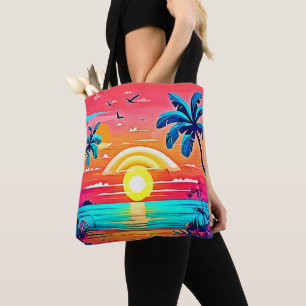 Tropical Beach Sunset with Rainbow Tote Bag