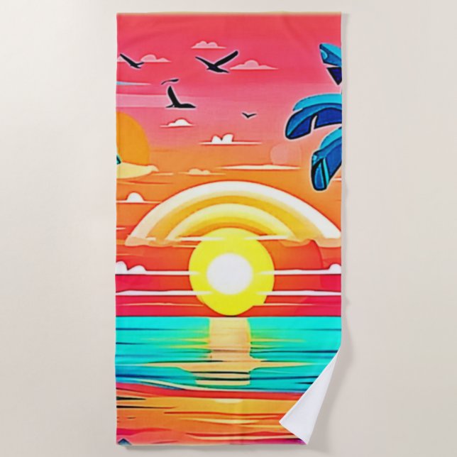 Tropical Beach Sunset with Rainbow Towel (Front)