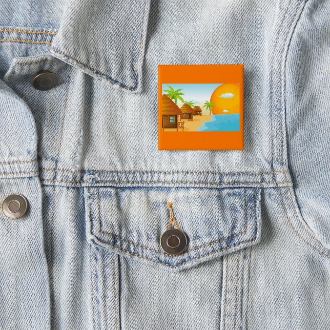Tropical Beach Sunset with Thatched Huts  15 Cm Square Badge (Creator Uploaded)