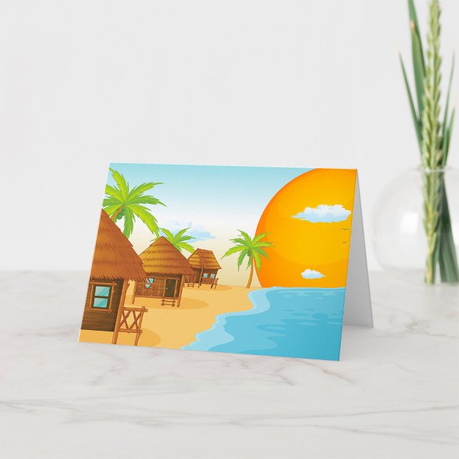 Tropical Beach Sunset with Thatched Huts  Card (Creator Uploaded)
