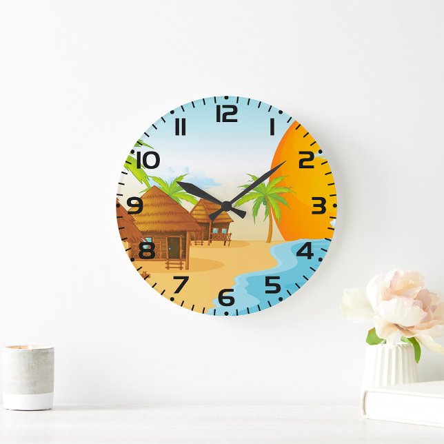 Tropical Beach Sunset with Thatched Huts  Large Clock (Creator Uploaded)