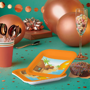 Tropical Beach Sunset with Thatched Huts  Paper Plate