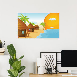 Tropical Beach Sunset with Thatched Huts  Poster