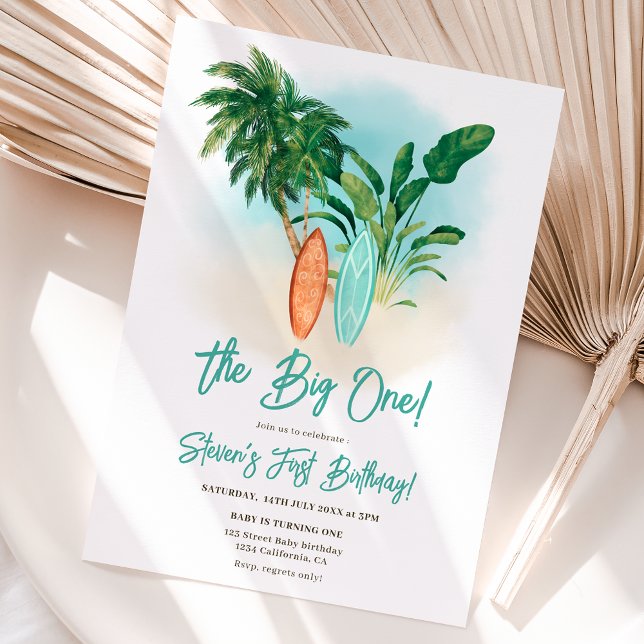 Tropical beach surf board the big one birthday invitation (Tropical beach surf board the big one birthday invitation)