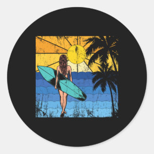 Tropical Beach Surf Sunset Surfboard Surfer Ocean  Classic Round Sticker
