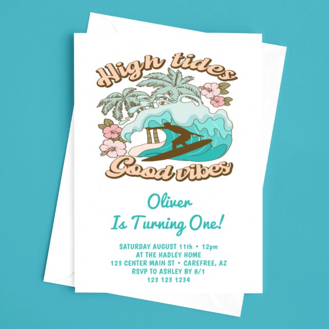 Tropical Beach Surfboard Boy's 1st Birthday Invitation (Creator Uploaded)