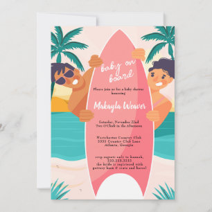 Tropical beach surfboard palm tree Baby Shower Inv Invitation