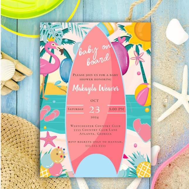 Tropical beach surfboard palm tree Baby Shower Inv Invitation (Creator Uploaded)