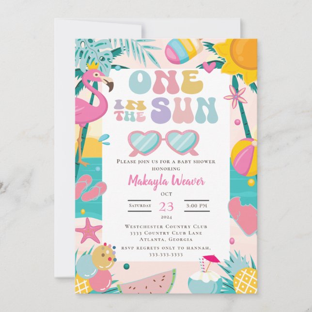 Tropical beach surfboard palm tree Baby Shower Invitation (Front)