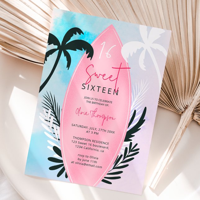 Tropical beach surfboard palm tree Sweet 16 Invitation (Tropical beach surfboard palm tree Sweet 16 Invitation)