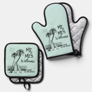 Tropical Beach Surfer Family Name Est Mr And Mrs Oven Mitt & Pot Holder Set