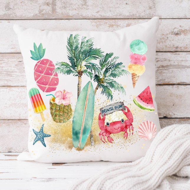 Tropical Beach Surfing Seashells Palm Trees Cushion (Creator Uploaded)