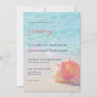 Tropical Beach Teal & Coral Conch Shell Wedding Invitation