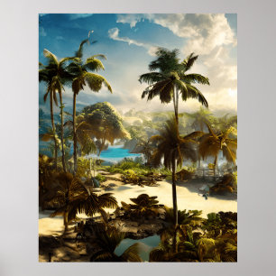 Tropical Beach teal water palm trees beautiful Pos Poster