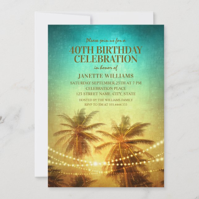 Tropical Beach Themed 40th Birthday Party Hawaiian Invitation (Front)