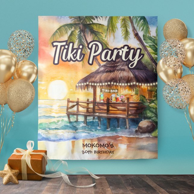 Tropical Beach Tiki Bar Birthday Tapestry (Creator Uploaded)