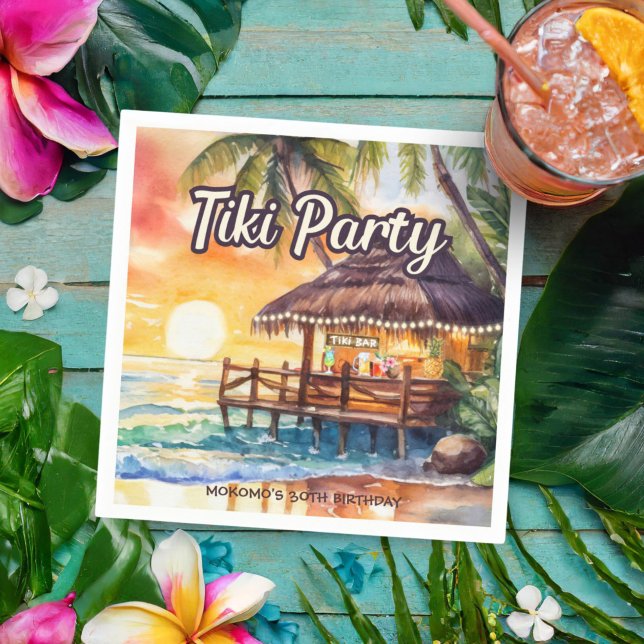 Tropical Beach Tiki Birthday Party Cocktail Napkin (Creator Uploaded)