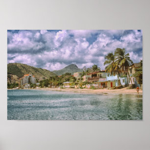 Tropical Beach Town Vibrant Colours on Ocean Poster