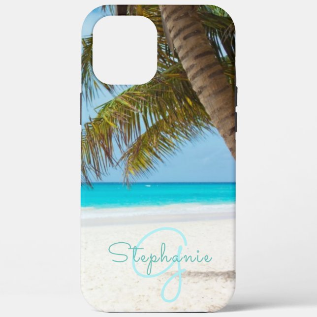 Tropical Beach Turquoise Monogram Palm Tree Case-Mate iPhone Case (Back)