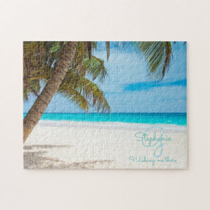 Tropical Beach Turquoise Monogram Palm Tree  Jigsaw Puzzle