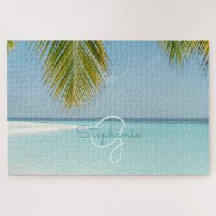 Tropical Beach Turquoise Monogram Palm Tree Jigsaw Puzzle