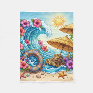 Tropical Beach Umbrella And Sea Sunset Fleece Blan Blanket