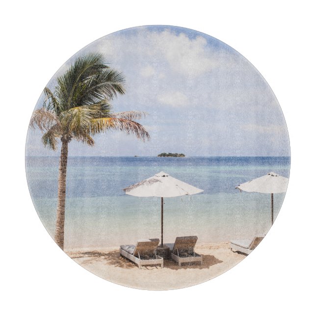 Tropical beach umbrellas: white, palm. cutting board (Front)