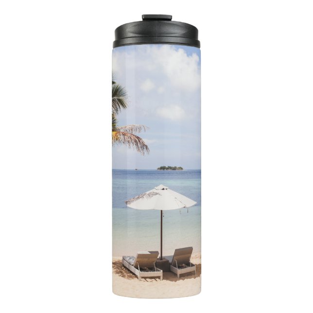 Tropical beach umbrellas: white, palm. thermal tumbler (Front)