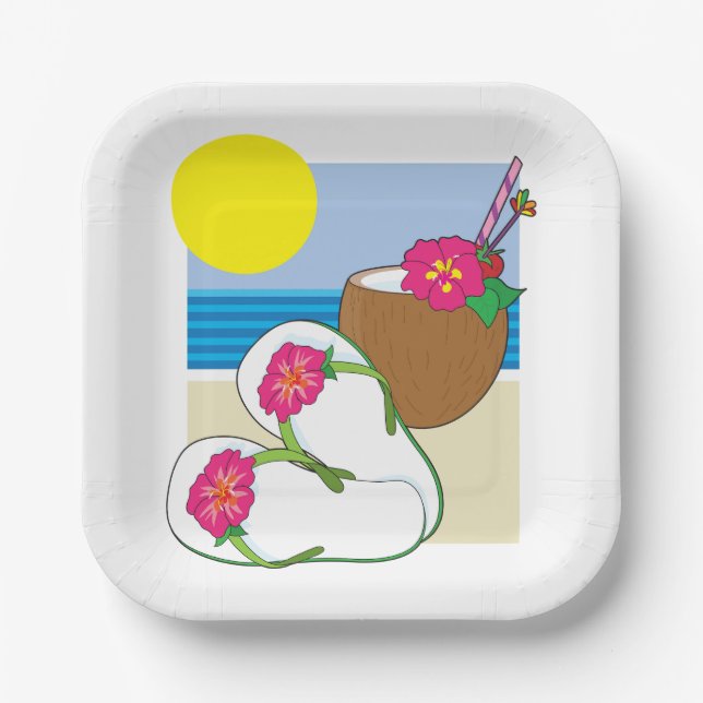 Tropical Beach Vacation Coconut Flowers Flip Flops Paper Plate (Front)