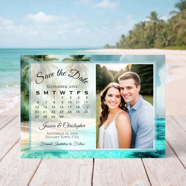 Tropical Beach Watercolor Calendar & Photo Wedding Save The Date (Creator Uploaded)