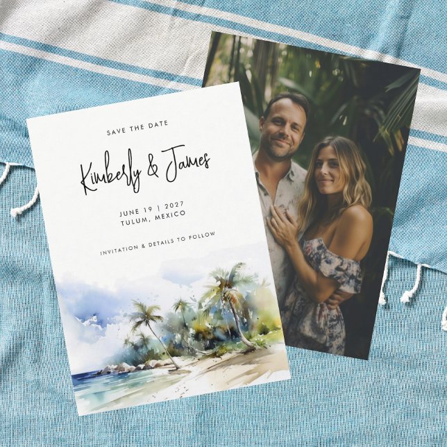 Tropical Beach Watercolor Destination Wedding Save The Date (Creator Uploaded)