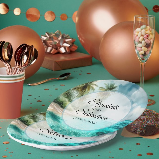 Tropical Beach Watercolor Elegant Wedding Paper Plate (Multi)