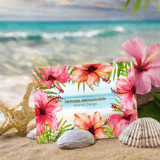 Tropical Beach Watercolor Hibiscus Flower & Palm Business Card